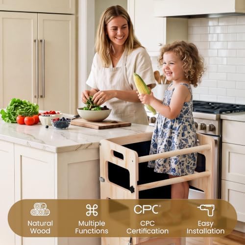 Toddler Kitchen Step Stool, 4-in-1 Foldable Standing Tower with Blackboard, Anti-Tip Learning Tower for Kitchen Counter & Bathroom Sink, Kitchen Helper Stool for Kids, 1-3 Year Old Boy Girl Gifts