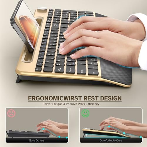 GAMCATZ Ergonomic Wireless Keyboard and Mouse with Wrist Rest，Phone Holder - 2.4GHz Full-Sized Low-Profile Quiet Gold Wireless Mouse and Keyboard Combo for Computer, Laptop, PC, Mac-Gold