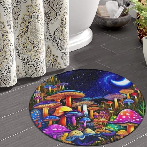 Machine Washable Modern Round Area Rug, Room Sofa Yoga Soft Round Carpet, Home Decor Non Slip Kitchen Office Circle Rug Magic Mushroom Mushrooms Scenery, 36inch