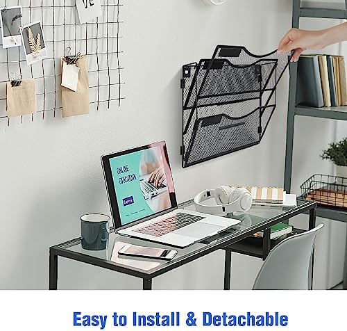 BOHDK Wall File Organizer 3 Pockets, Mail Organizer, Hanging Folder Holder, Foldable | Hanging or Wall Mounted | Label Panel | 2 Hooks | Office Home School Organizer, Black