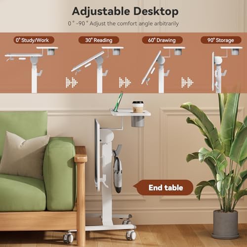 28" Glass Standing Desk, Tiltable Top with 2-Tier Shelves, White