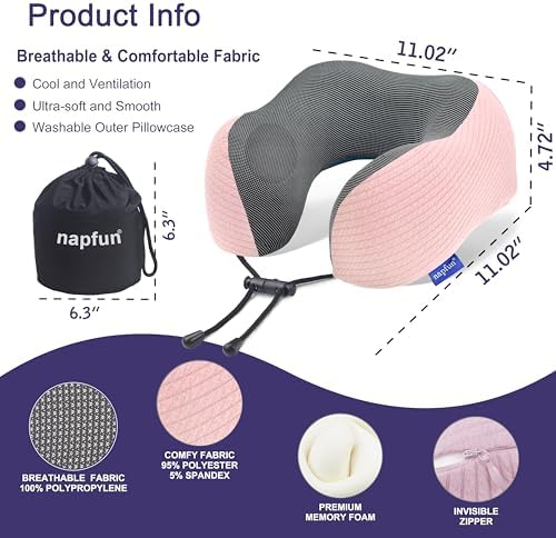 napfun Neck Pillow for Travel, Memory Foam Airplane Pillow, Pink