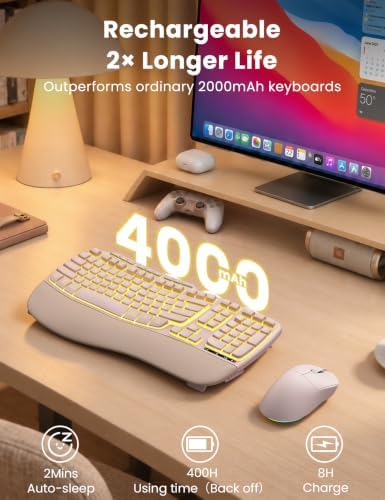 SABLUTE Pink Ergonomic Wireless Keyboard and Mouse Combo, Rechargeable 4000mAh Backlit Keyboard with Soft Faux Lambskin Palm Rest, Wave Keys for Natural Typing, Compatible with Windows/Mac/Chrome OS