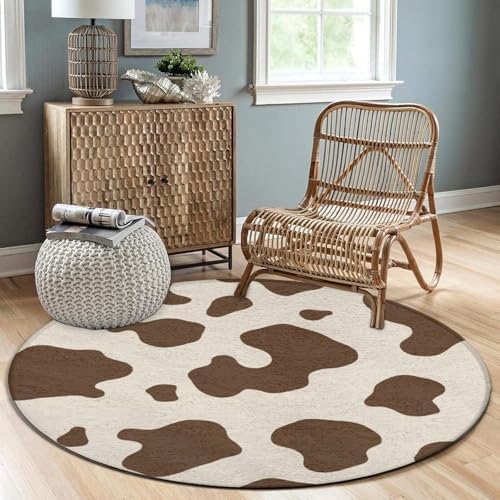 Room Sofa Yoga Soft Round Carpet, Home Decor Non Slip Kitchen Office Circle Rug, Machine Washable Modern Round Area Rug Milk Cow Skin Print