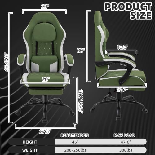 Gaming Chair for Adults, Fabric Gaming Chair with Footrest and Pocket Spring Cushion, Ergonomic Gamer Chair with Lumbar Support, Reclining Computer Gaming Chair with High Back, Dark Green