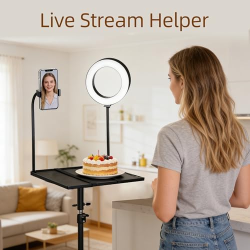 Rolling Laptop Tripod Stand with Wheels, Adjustable Height 29–55 Inch Projector Tripod Stand, Portable Laptop Floor Holder with 6" LED Ring Light and Phone Holder