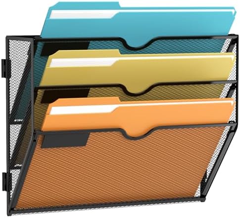 SUPEASY 3 Tier Wall File Organizer, Hanging Wall Mounted Mail Organizer with Label Slots, Metal Mesh File Holder Magazine Rack for Office, Home, School or Classroom, Black