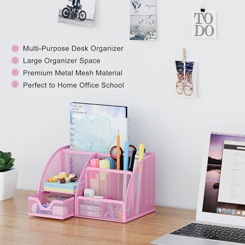 EasyPAG Mesh Desk Organizer with Drawer Multi-functional Pen Holder Stationery Organizer for Office School Supplies 6 Compartments Dorm Organizers and Storage for Desk, Light Pink