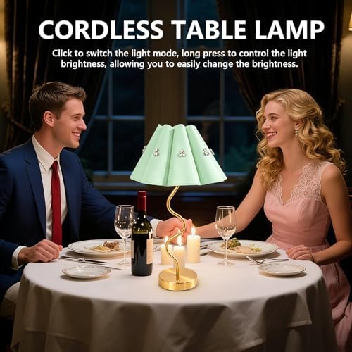 Cordless Rechargeable LED Table Lamp, Portable Desk lamp Battery, 3 Color Stepless Dimming with Memory Function, Suitable for Outdoor, Dinner, Patio & Restaurant. (Green with Diamonds)