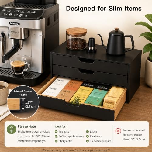 LitaEther Desk Organizer with 3 Drawers, ALEX Drawer Unit, Chic Black Wood Cosmetic Makeup Organizer for Office Vanity Tabletop Storage 13.8"X 6"X10.2"