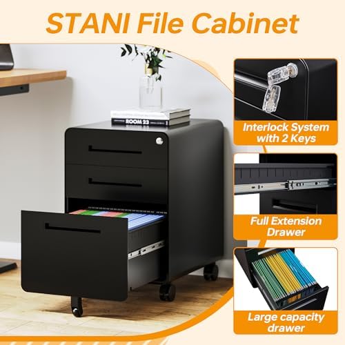 STANI 3 Drawer Filing Cabinet, Metal Filing Cabinet Legal/Letter Size with Lock, Mobile Storage Cabinet for Home and Office, Fully Assembled Except Wheels
