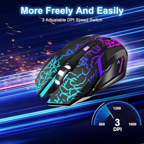 Wireless Gaming Mouse,Rechargeable Computer Mouse with Type-C Fast Charging, Ergonomic Mouse with 3 Adjustable DPI, 6 Silent Buttons, LED Light, Long Battery Life for Laptop, PC, Mac
