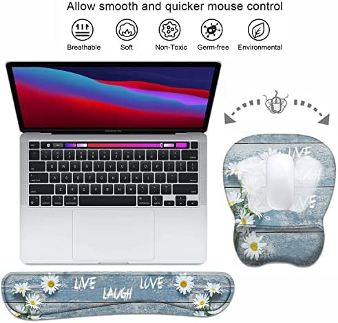 Mouse Pad Wrist Support and Keyboard Wrist Rest Set with Coasters, Dreamy Daisy Vintage Wood Board Live Love Laugh with Non-Slip PU Base Ergonomic Mousepad for Home Office Working Studying