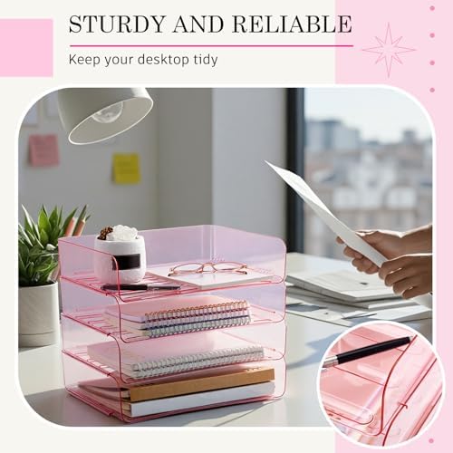 Harloon 4 Tier Paper Organizer Clear Pink Letter Tray Acrylic File Tray