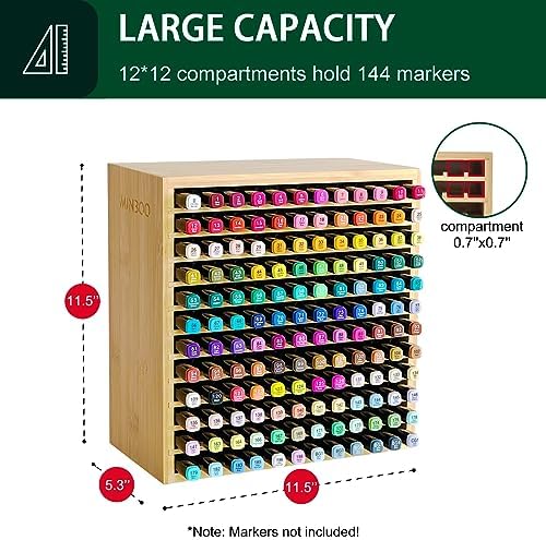 MinBoo Marker Organizer for 144 Markers, Bamboo Art Supply Storage Organizer Rack, Art Markers Pens Colored Pencils Paint Brushes Stationary Organizer Holder for Home Classroom Office Desk Decor
