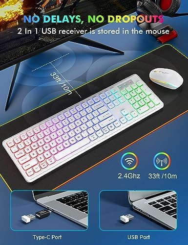 Wireless Keyboard and Mouse Combo with RGB Backlit, Rechargeable