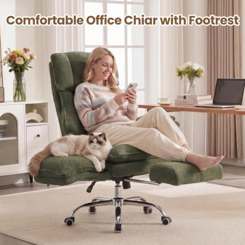 Big and Tall Office Chair with Flip Arms and Footrest, Teddy Criss Cross Legged Home Office Desk Chair with Pet Seat, Comfy Reclining Computer Gaming Chair, Green