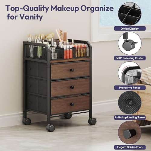 SWTYMIKI Rolling Makeup Organizer Cart - 14.96″*11.81″*23.03″ Widened Under Desk Vanity Storage with 3 Non-woven Drawers, Cosmetic Display Cases for Skin Care Perfume Nail Polish Brush Hair Tool Black