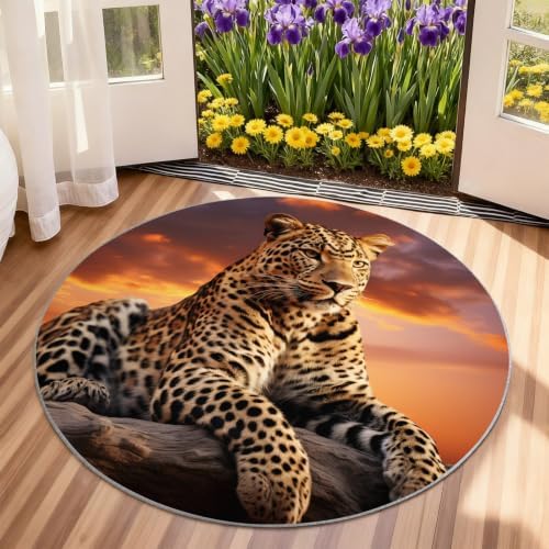 Leopard Round Rug - 3ft Washable Cheetah Print Round Area Rug for Bathroom, Wildlife Circle Rugs Soft Non-Slip Carpet for Kitchen Bedroom Kids Room Decor Mat