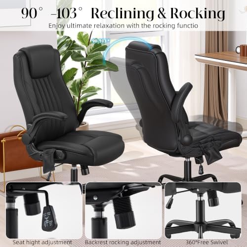 Office Chair, Ergonomic Executive Desk Chair Inflatable Lumbar Support High Back Computer Desk Chair Thick Cushion, Flip-Up Arms and Ergonomic Back Comfy Executive Office Chair for Home Office Gaming