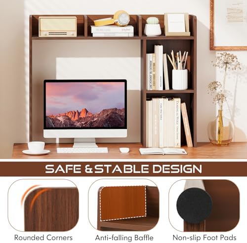 Tangkula Desktop Bookshelf, Countertop Storage Hutch with Shelves for Computer Desk, Desk 3-Tier Display Rack, Multipurpose Wood Desktop Hutch Storage Organizer for Dorm Office (Walnut)