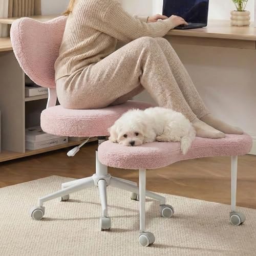 Cross Legged Chair, Meditation Chair Plus with 360° Swivel Wheels for ADHD/Fidgety Sitters, Height Adjustable & Ergonomic Lumbar Support, Teddy Fabric, Pink Home Office Furniture