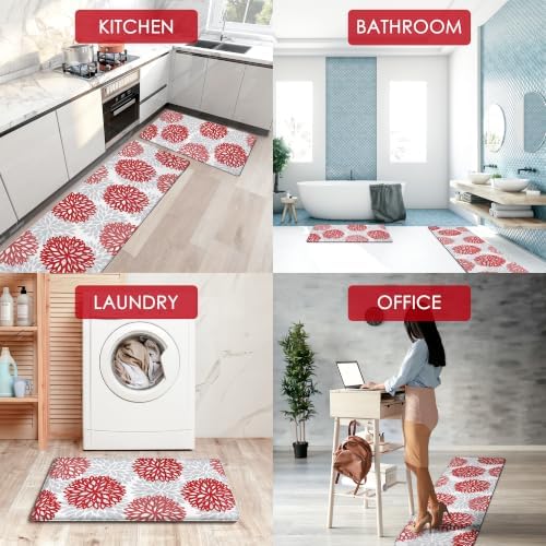 Kitchen Mats Set of 2 Cushioned Anti Fatigue Kitchen Rugs Non Slip Waterproof Runner Memory Foam Kitchen Floor Mat Comfort Standing Mat for Sink, Office, Laundry, Red