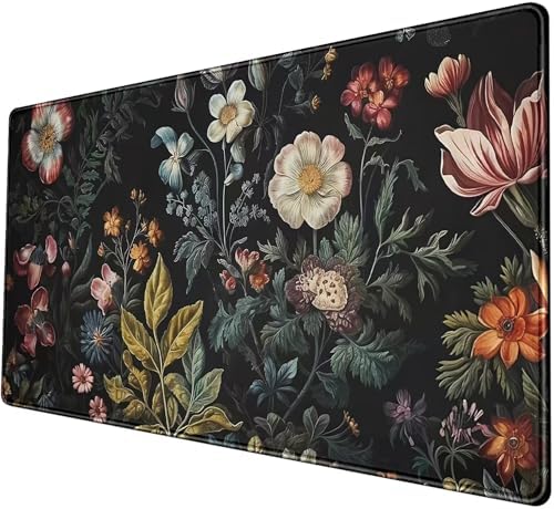 Floral Desk Mat Dark Academia Vintage Aesthetic Desk Pad Flower Plant Large Gaming Mousepad Black Extended Mouse Pad XXL Laptop Computer Mouse Keyboard Mat 31.5 x 15.7 Office Desk Decor