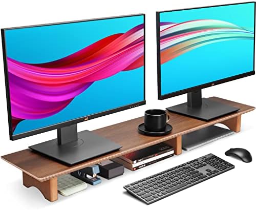 Aothia 43 inch Black Walnut Finish Dual Monitor Stand for Desk, Cork Legs