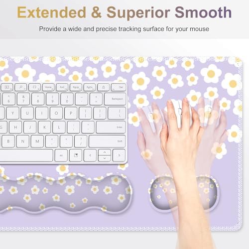 Desk Mat Gaming Mouse Pad, Cute Desk Matt Keyboard Wrist Rest for Desktop, Anti-Slip Mousepad w/Stitched Edges, XXL Large Mouse Pad with Wrist Support for Desk Computer I Lavender Happy Flowers