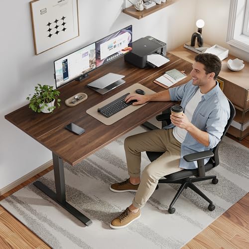 Klicelor 63 x 28 Electric Standing Desk, Sit Stand Up Home Office Desk, Height Adjustable Deep Cumputer Table with Memory Presets and Hooks, Two Pieces, Dark Walnut