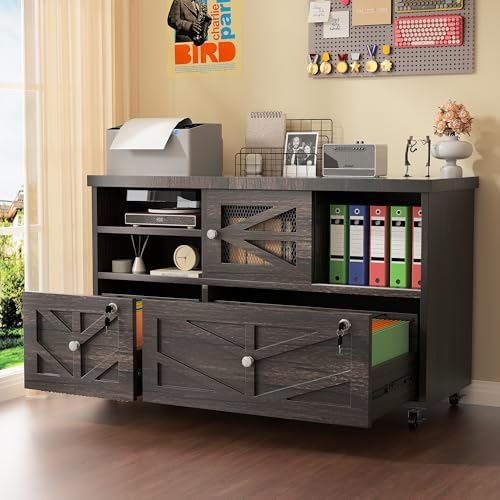 Gray Lateral File Cabinet with Lock, 2 Drawer Rolling Filing Cabinet for Home Office, Mobile Storage Cabinet with Open Shelves & Sliding Door, Fits Legal/Letter/A4 Files, Herringbone Design
