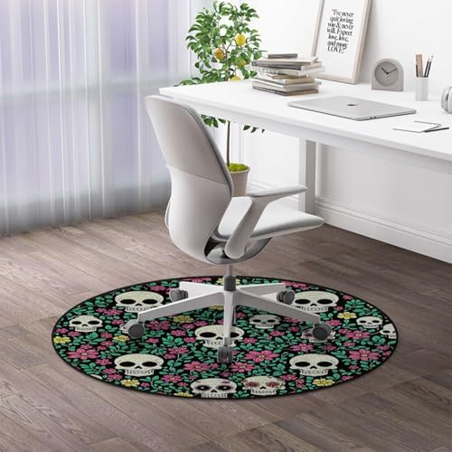 Dark Romantic Skull Non-Slip Round Office Chair Mat for Hardwood Floors, Gothic Nature Design Rolling Chair Protector, Green Diameter 39.4 in