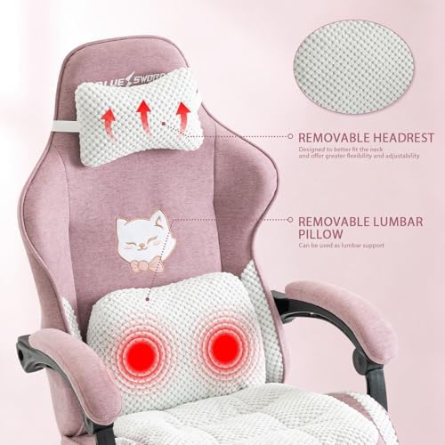 Rose Cute Cat Gaming Chair, Office Desk Chairs with Footrest and Headrest & Armrests for Women, Ergonomic High Back Computer Desk with Headrest & Lumbar