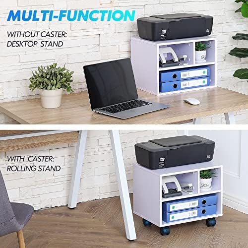 FITUEYES Printer Stand Under Desk, Small Wood Mobile Printer Table, White