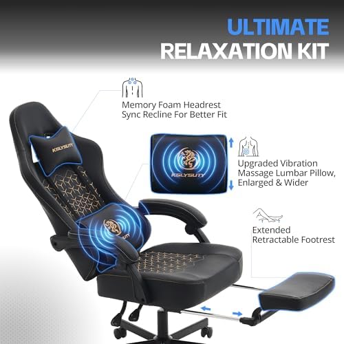 Gaming Chair Breathable Leather with Pocket Spring Cushion, Wide and High Ergonomic Office Chair with Headrest, Computer Gaming Chair with Footrest for Adult and Teen (Black)