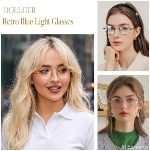 Dollger Oval Blue Light Glasses for Women Retro Anti Bluelight Blocker Glasses Men for Computer Small Metal Frame Eyeglasses