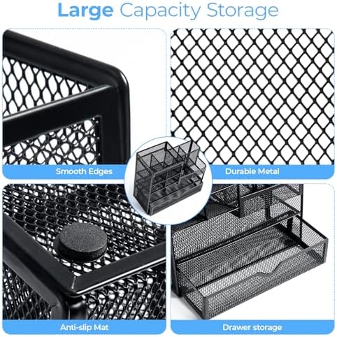 M&G Mesh Pen Holder for Desk, Multi-Functional Pencil Holder with Drawer Desk Organizer, Large Capacity Office Desk organizers and Accessories (Black)
