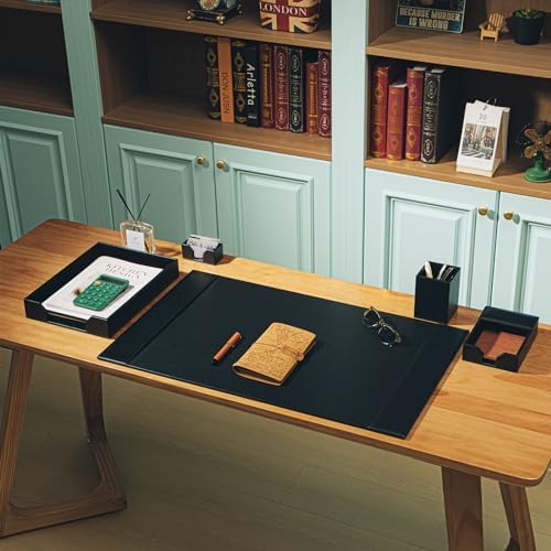 Sayglossy 5 Piece Leather Desk Pad Set with Side Rails 30"x18" Desk Blotter Protector, Letter Tray, Pen Cup, Sticky Note Clip, Name Card Holder, Executive Office Organizer Accessories Workplace(Black)