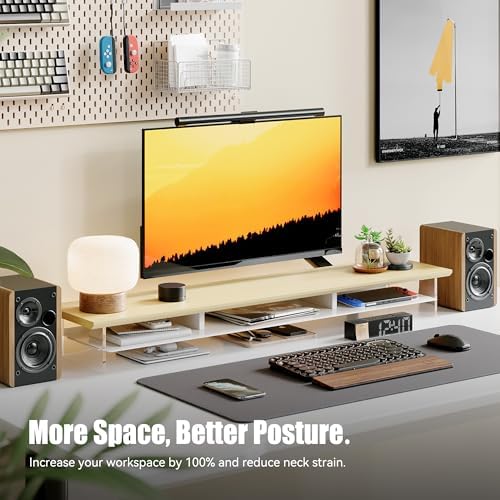 FENSULN Dual‑Tier Monitor Stand for Modern Desk Setup – Minimalist Wooden and Metal Riser Shelf with Transparent Acrylic Feet for Dual Monitors, Laptops, Home Office Aesthetic，Beige and White