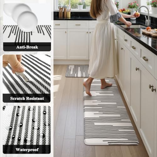 KIMODE Kitchen Mats Cushioned Anti Fatigue, Black Line Geometric Kitchen Rugs Sets of 2, Padded Kitchen Floor Mats Non Slip, Standing Desk Mats for Laundry Office Sink 20"x47"+20"x32"