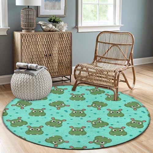Men's Large Home Decor Mat, Soft Round Yoga Carpet, Non Slip Machine Washable Home Office Circle Rug Cute Cartoon Hippo, 60inch
