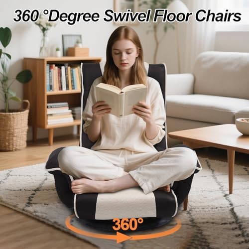 Ergonomic Gaming Chair, 6-Position Reclining Sofa Bed with Lumbar Support, Foldable Floor Lounger with Thick Cushion, Armrests & Side Pockets for Reading, Brown/Beige