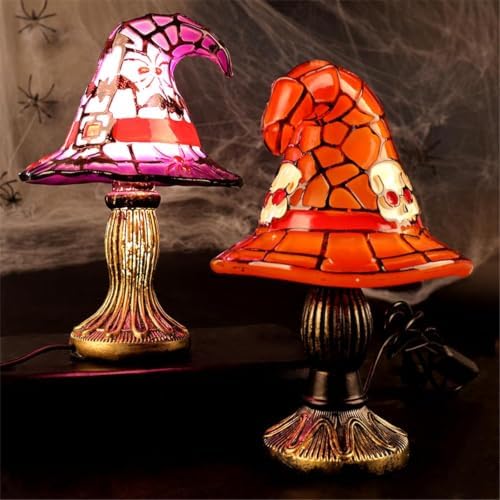 Stained Glass Witch Hat Lamp, Handcrafted Resin Halloween Witch Lamp (Purple2)