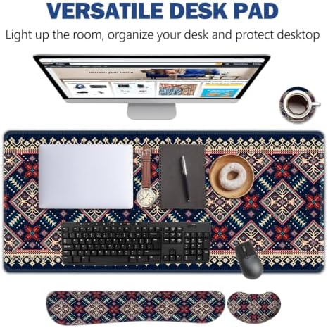 AIMSA Desk Mat Set Bohemian, Large Mouse Pad + Mouse Wrist Rest + Keyboard Wrist Support + Coaster, Navy Blue Gaming Mouse Pad Combo for Home Office