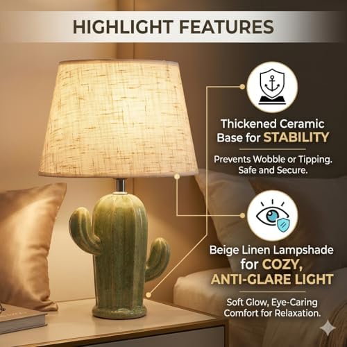 Cactus Lamp, Cute Modern Desk Lamp with Beige Linen Fabric Lampshade & Ceramic Base, Adorable Night Light for Bedroom Nightstand
