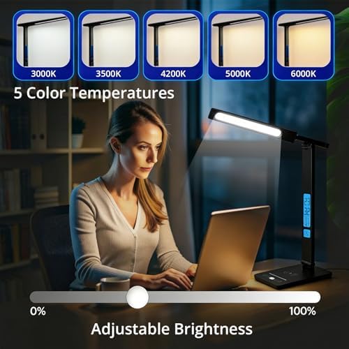 Desk Lamp with Wireless Charger, USB Charging Port, Smart Display Clock, Adjustable Brightness and Color Temperature, Touch Control Desk Light for Office and Bedroom
