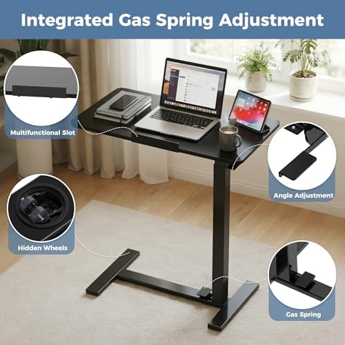 DUMOS Overbed Table with Wheels, Height-Adjustable Bedside Table, Black
