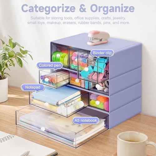 Desk Organizer with 9 Drawers, 4 Tiers Stackable Storage Drawers, Desktop Storage Box with Clear Drawers for Stationery, Makeup, Jewelry, Office and Craft Supplies (Purple)