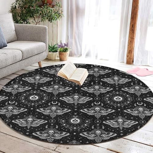 Home Decor Non Slip Kitchen Office Circle Rug, Machine Washable Modern Round Area Rug, Room Sofa Yoga Soft Round Carpet Gothic Moth Skull Sun Moon Art Black and White